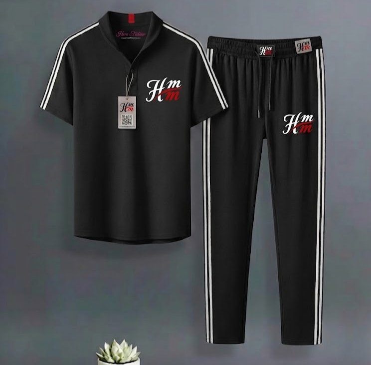 Men's Stylish Black Polo T-Shirt & Track Pant Combination Set