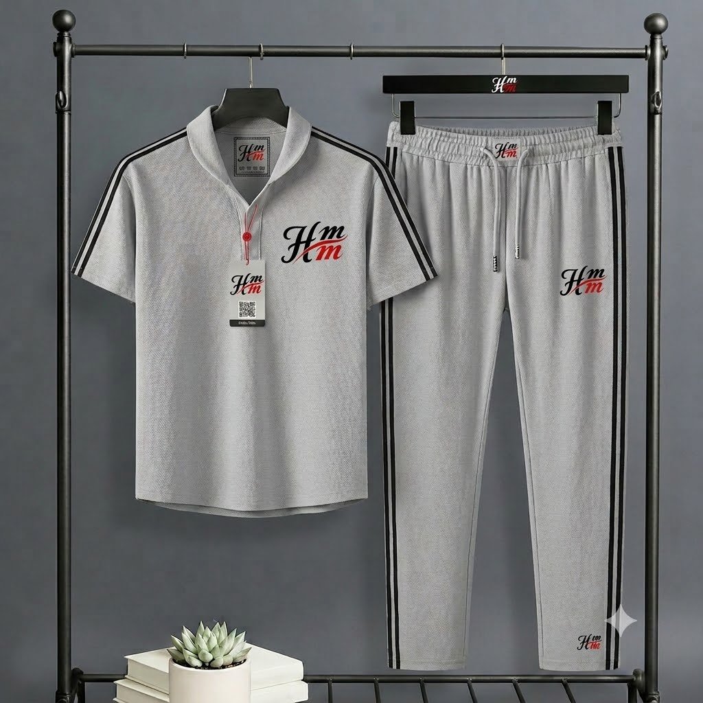 Men's Grey 2-Piece Sportswear Set — Short-Sleeve Polo & Matching Track Pants