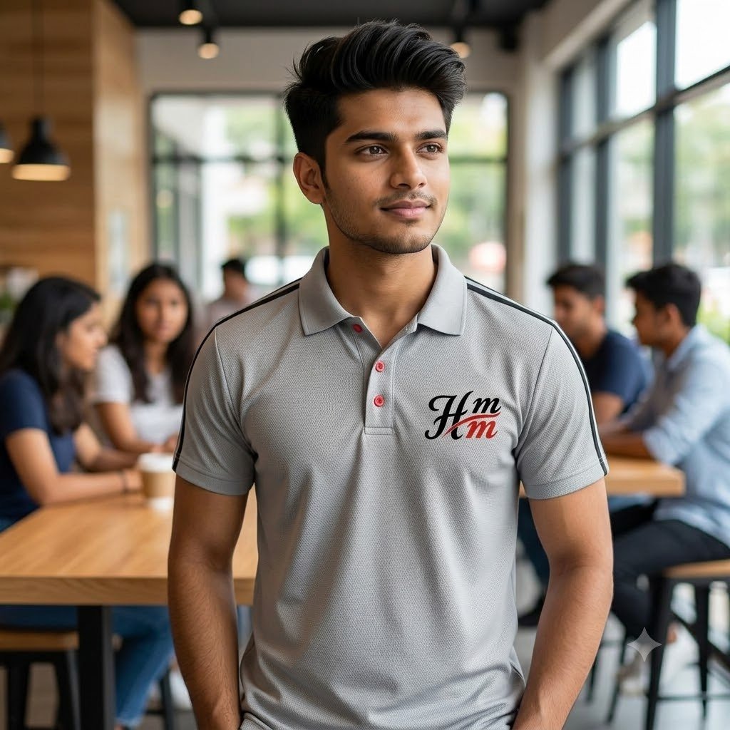 Men’s Grey Sporty Polo T-Shirt with Red Accent Buttons